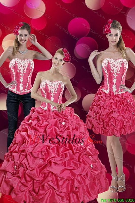 2015 Recogida de moda Ups y apliques de rosa caliente vestidos de quinceañera