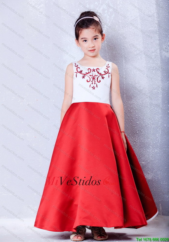 Grapa habilitar banco Blanco y rojo una línea primicia tobillo de longitud tafetán bordado vestido  de niña de flores - €132.46