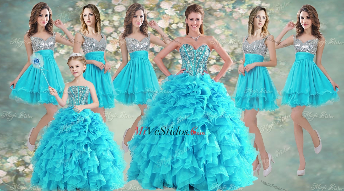 Visible deshuesado Azul Aqua vestido de quinceañera y lentejuelas corto Dama  Vestidos con cuentas y rizado Mini Vestido de Quinceañera - €