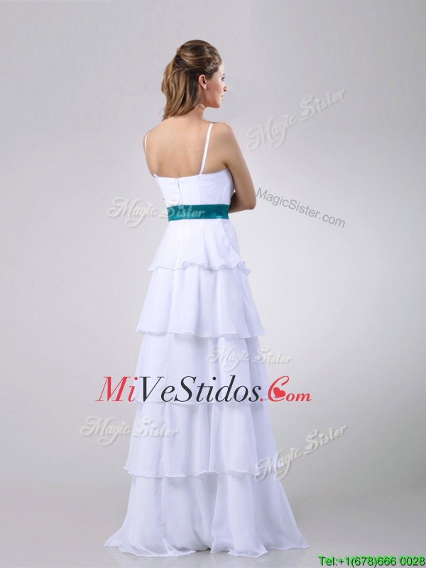 Precioso vestido blanco Dama con capas rizadas y turquesa Cinturón - €