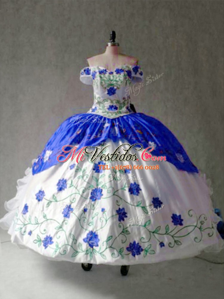 Adorable azul y blanco atan para arriba el vestido de quinceañera bordado y  volantes casquillo mangas longitud del piso - €