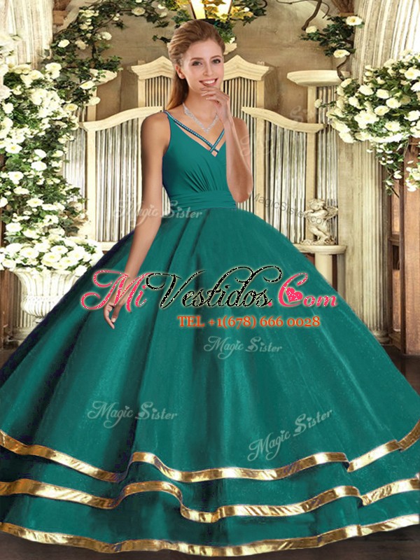 Inicialmente Fraude Adviento Vestidos de gala grandes 16 vestido turquesa cuello pico tul longitud sin  mangas del piso sin espalda - €145.83
