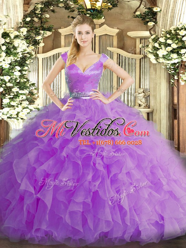 Bonitos vestidos de bola lilas de organza con cuello y sin mangas con  volantes hasta el suelo con cremallera vestido de quinceañera - €