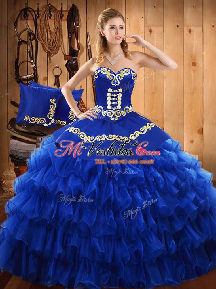 de fiesta baratos vestidos de quinceañera azul sin tirantes de satén y organza sin mangas hasta el suelo hasta los pies €228.37