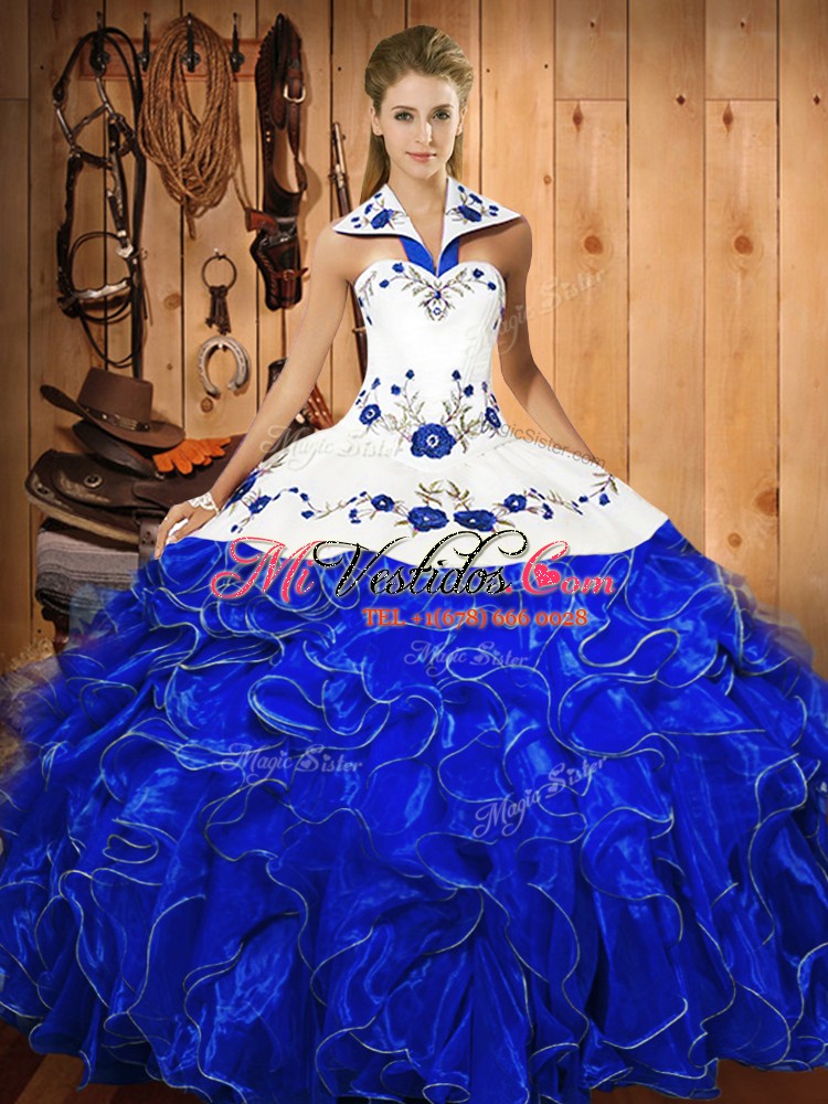 Bonitos vestidos de bola azul y blanco, bordados y volantes 15 vestido de  quinceañera con cordones, satén y organza sin mangas hasta el suelo -  €
