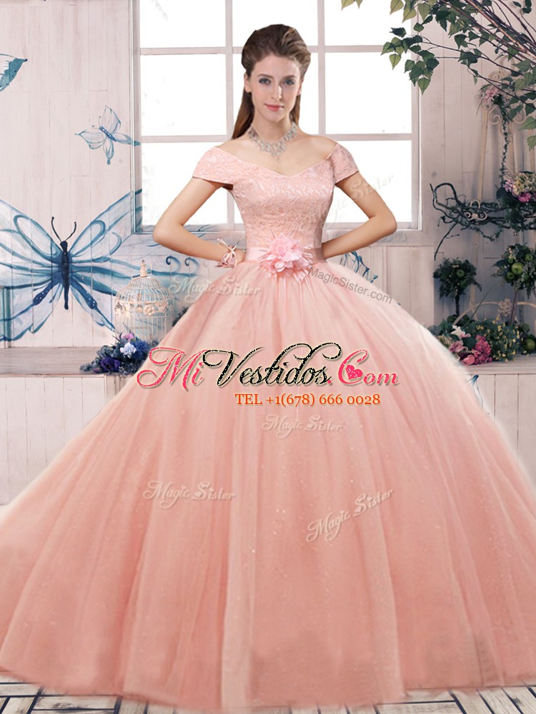 corta moderna con tul largo hasta el piso con cordones vestido de 15 cumpleaños rosa y flor hecha a mano - €326.65