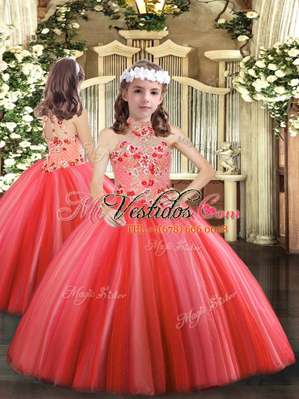 Palabra de longitud vestidos de bola sin mangas de coral rojo niña desfile  vestido ata para arriba - €