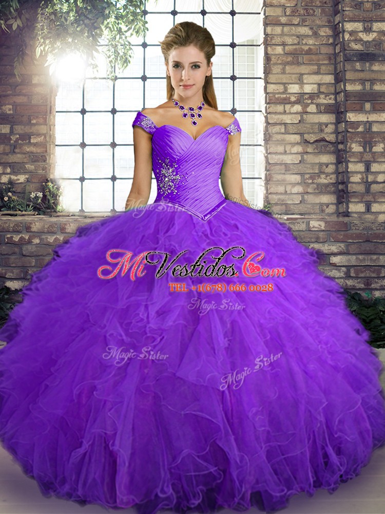 Diseño personalizado de color púrpura con encaje hasta 15 cumpleaños vestido  sin mangas hasta el suelo abalorios y volantes - €