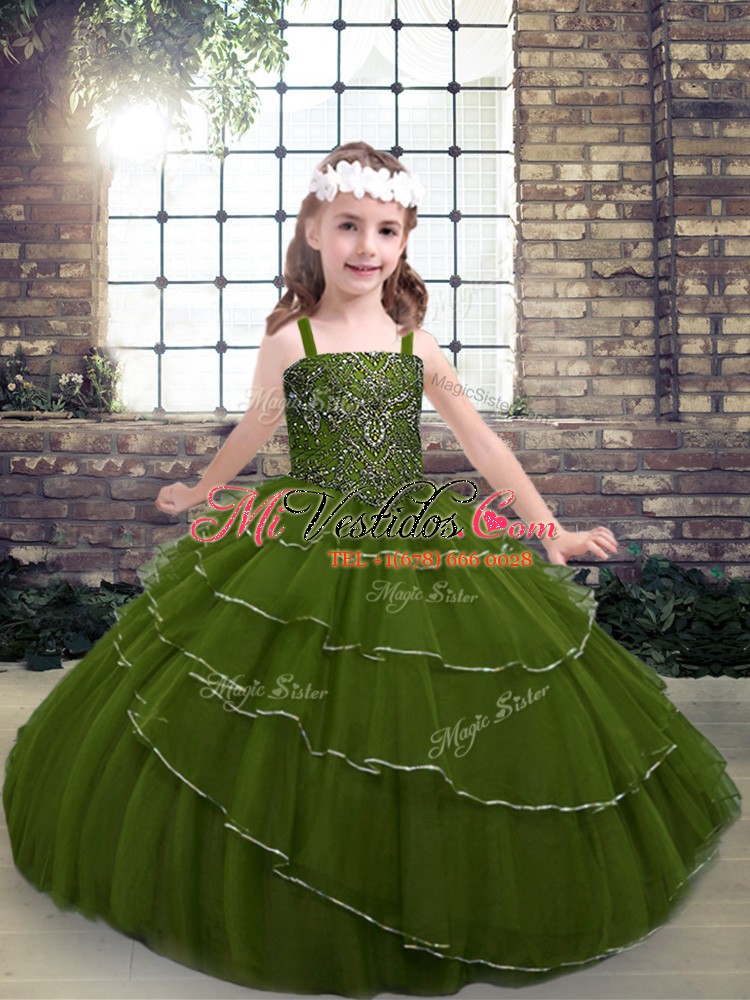 Vestidos de bola de color verde oliva con cuentas y volantes capas vestido  de desfile de niños hasta la longitud del piso sin mangas - €