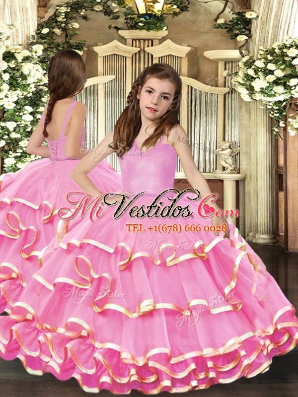 Vestidos de gala únicos vestidos de desfile para niñas, correas rosadas,  organza, sin mangas hasta el suelo, con cordones - €