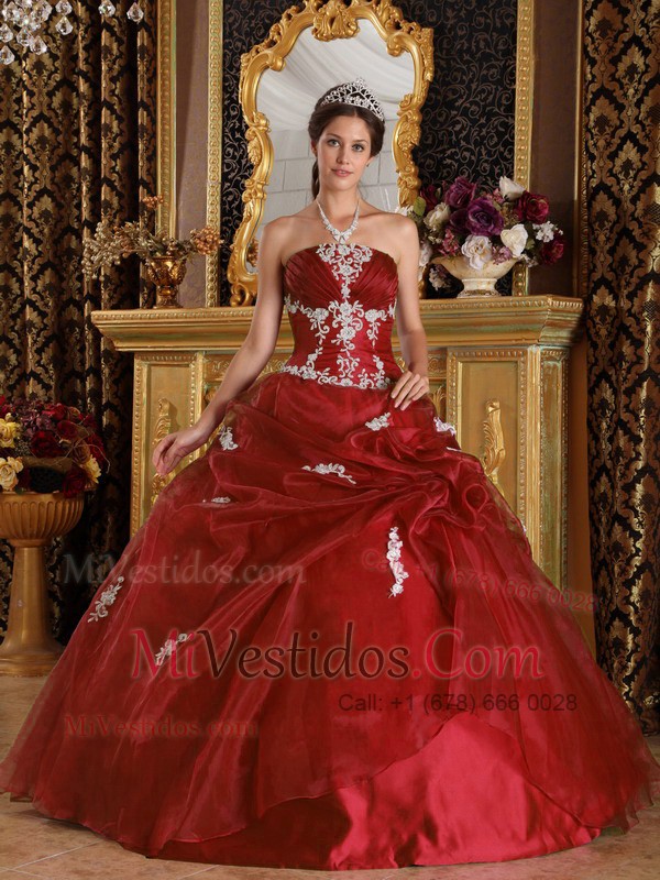 Rojo Vino Vestido De Fiesta Estrapless Hasta El Suelo Organdí Y Satén  Vestido De Quinceañera - €