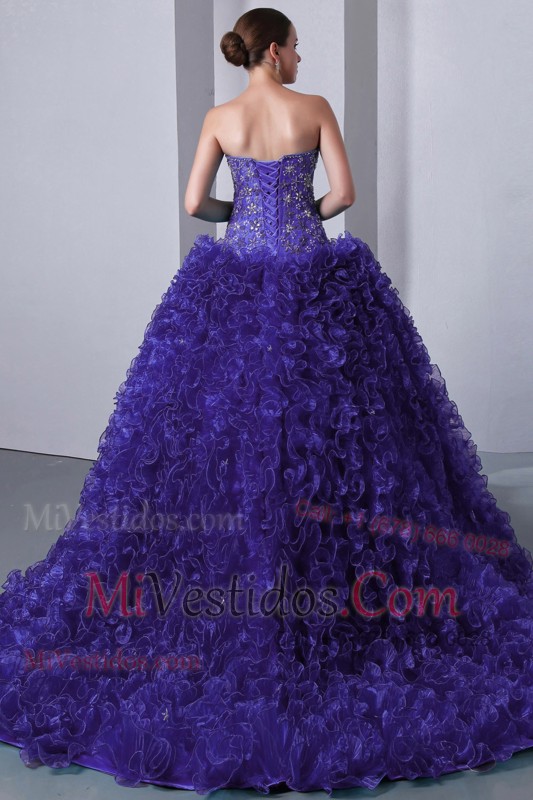 Purple A-Line / Princess Sweetheart Brush Train Organza Beading and Ruffles Quinceanea Dress
