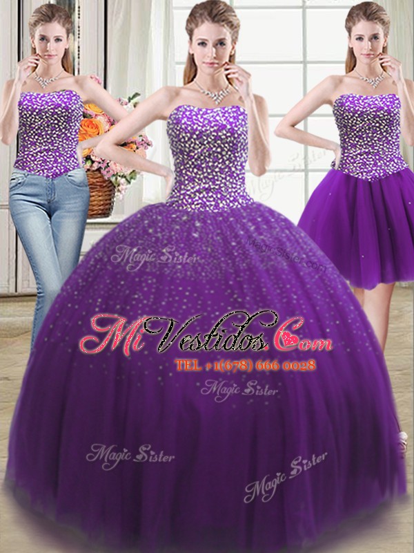 Fantástico tres morado encaje hasta 15 vestido de quinceañera sin mangas longitud de piso perlas €274.57