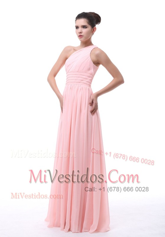 One Shoulder Trimmed Ruched and Beading Decorate Light Pink Evening Dress