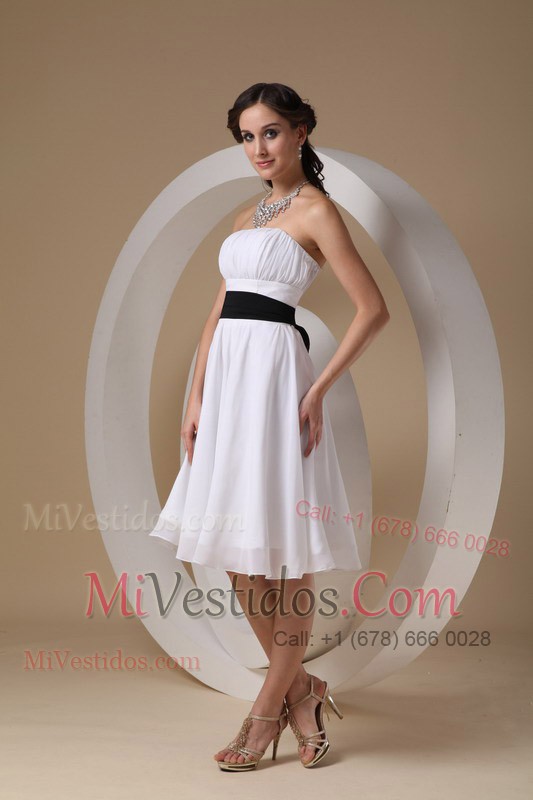 White Strapless Knee-length Dama Dress Eith Black Sashes