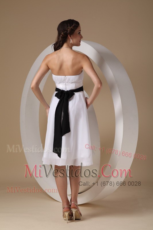 White Strapless Knee-length Dama Dress Eith Black Sashes