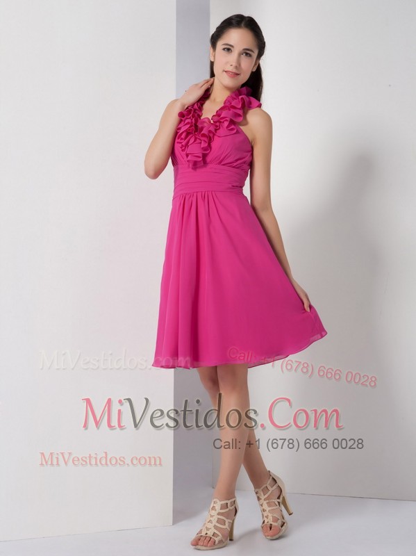 Hot Pink Halter Ruching Chiffon Homecoming Dress