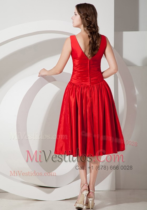 Tea-length V-neck Dama Dress Ruched Detail Red Fire