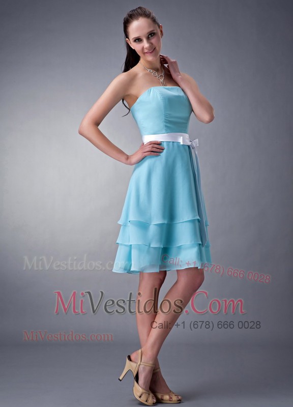 Strapless Aqua Blue Dama Dress Cupcake Skirt White Sash