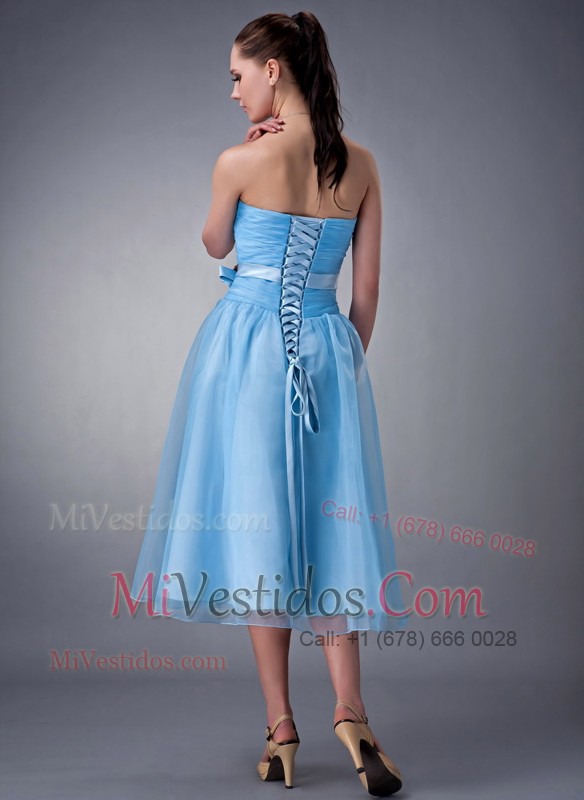 Baby Blue Hand Made Flower Strapless Dama Dress Tea Length