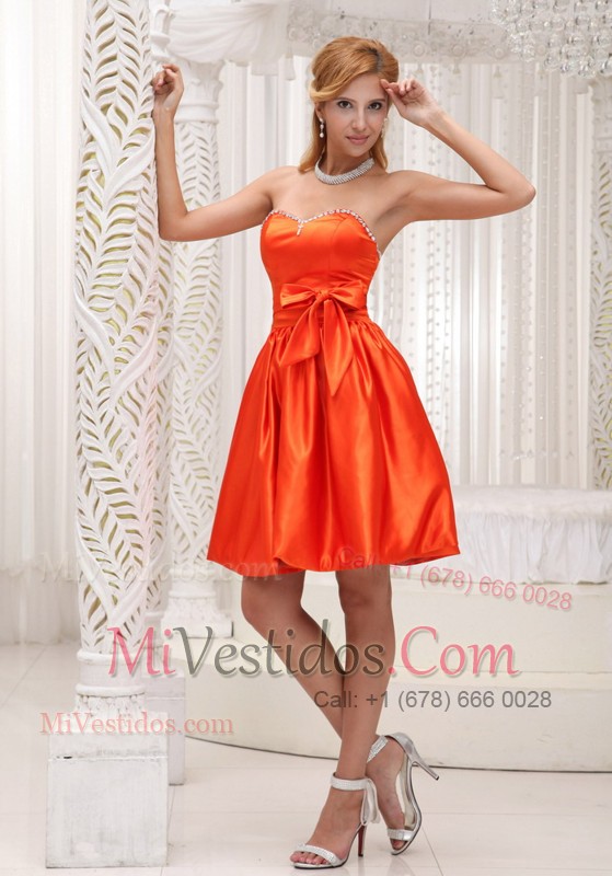 Sweetheart Orange Red Bowknot Beading Taffeta Homecoming Dress