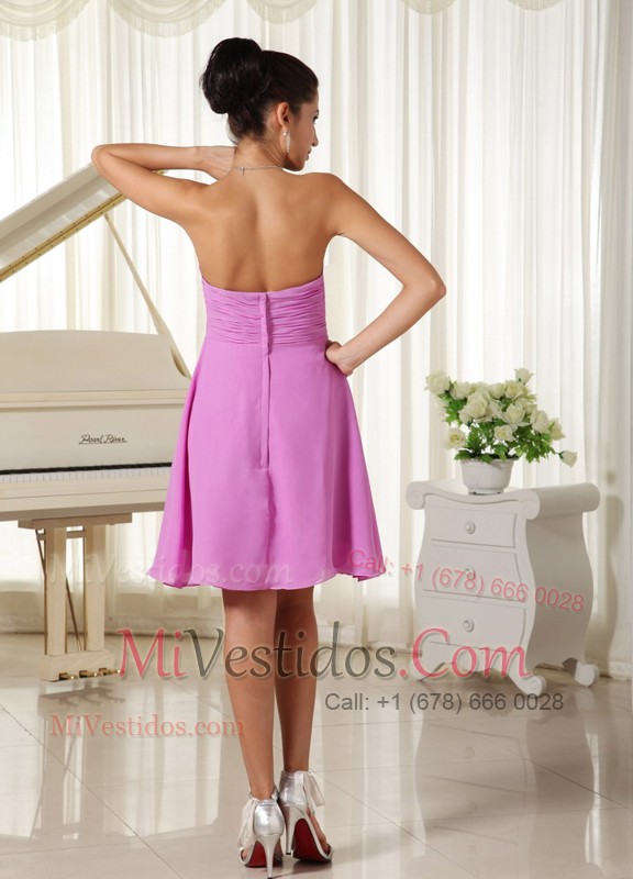 Lavender Knee-length Ruched Sweetheart Curtain Overlay Dama Dress