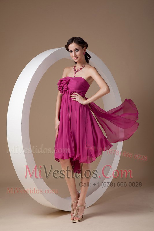 Hot Pink Strapless Asymmetircal Length Cocktail Dress Handflower