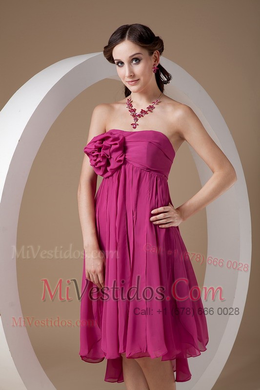 Hot Pink Strapless Asymmetircal Length Cocktail Dress Handflower