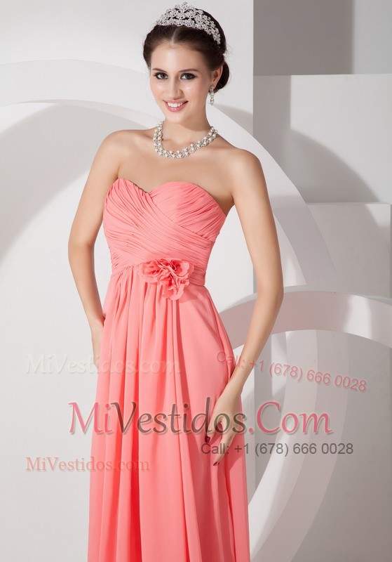 Watermelon Prom Dress Chiffon Ruch and Hand-made Accessories