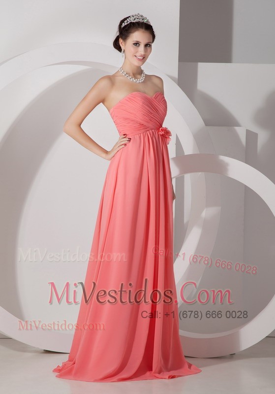 Watermelon Prom Dress Chiffon Ruch and Hand-made Accessories