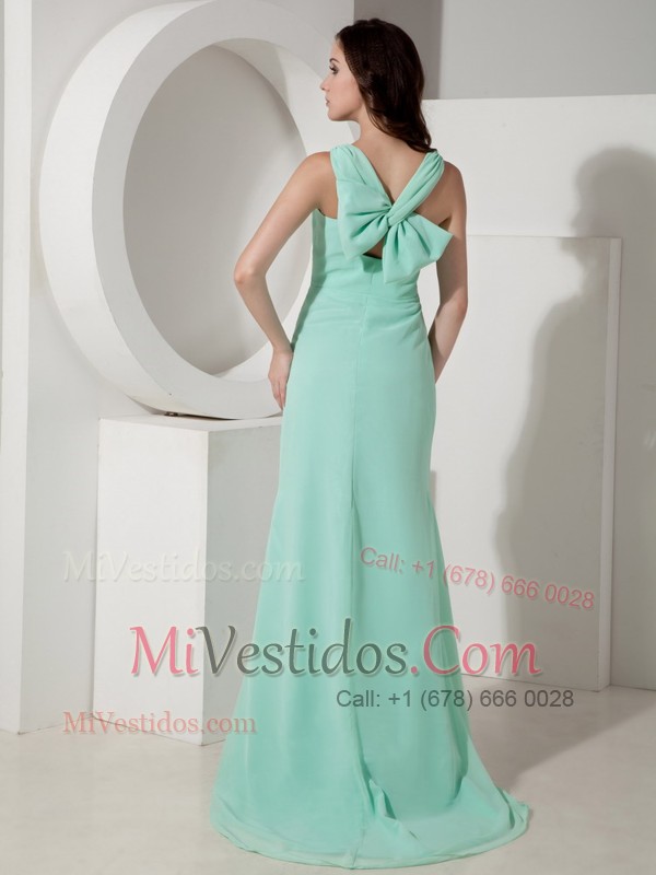 Apple Green V-neck Prom Dress with Bow Sweep Train for Mothers