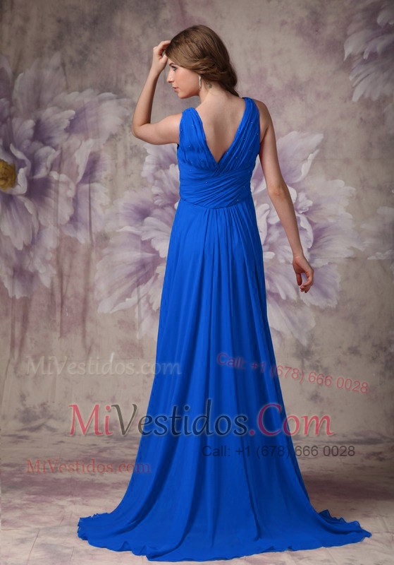 Blue V-neck Ruche And Beading Brush Train Chiffon Prom Dress
