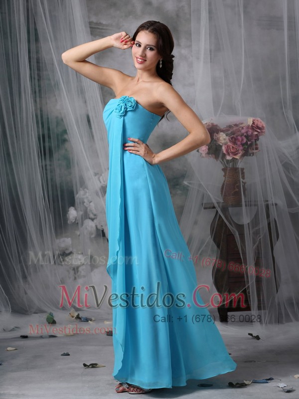 Chiffon Baby Blue Strapless Hand Made Flowers Prom Dress