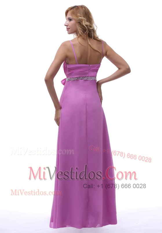 Spaghetti Lavender Ruch Beading Floor-length Chiffon Prom Dress