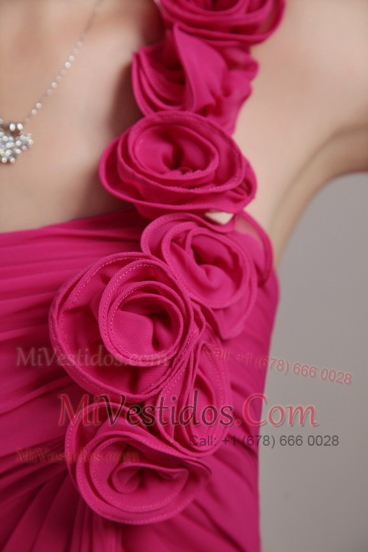 One Shoulder Hot Pink Knee-length Handflowers Prom Dress
