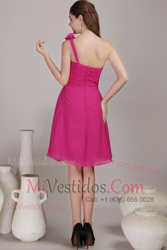 One Shoulder Hot Pink Knee-length Handflowers Prom Dress