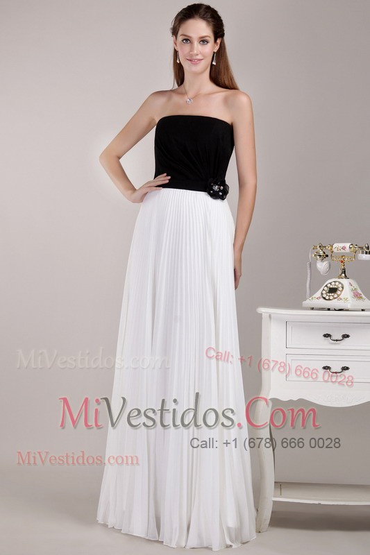 Black and White Strapless Floor-length Chiffon Prom Dress