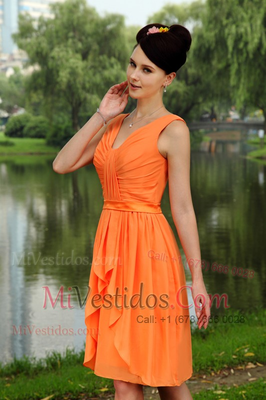 V-neck Orange Knee-length Chiffon Ruch Straps Prom Dress