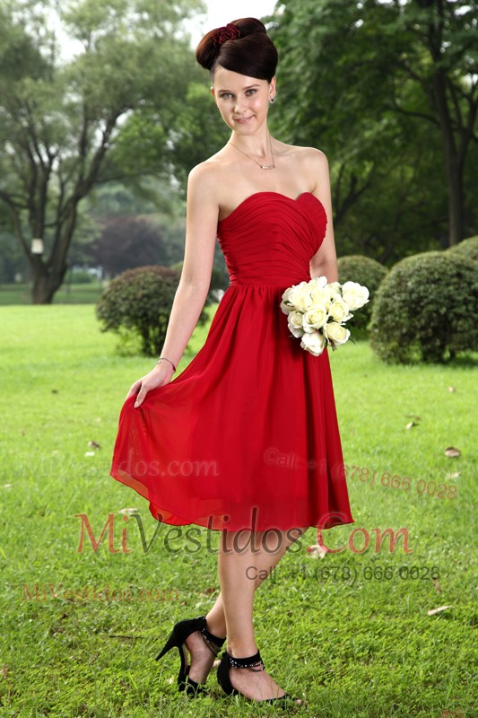 Sweetheart Red Chiffon Empire Knee-length Ruch Prom Dress