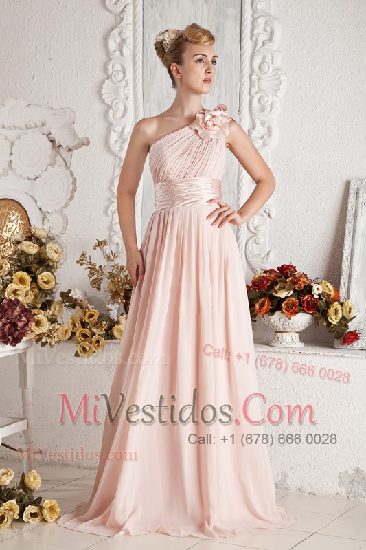 One Shoulder Ruch Brush Train Baby Pink Handle Flowers Prom Dress