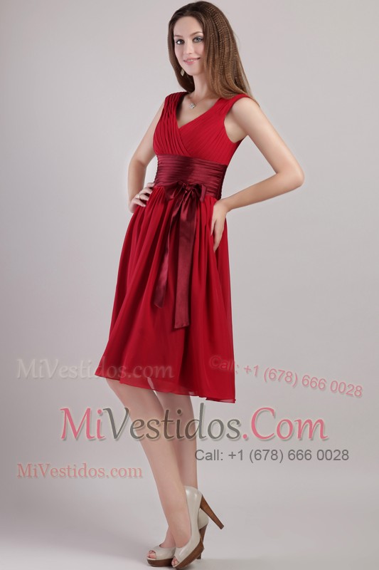 V Neck Knee-length Sash Wine Red Prom Dress