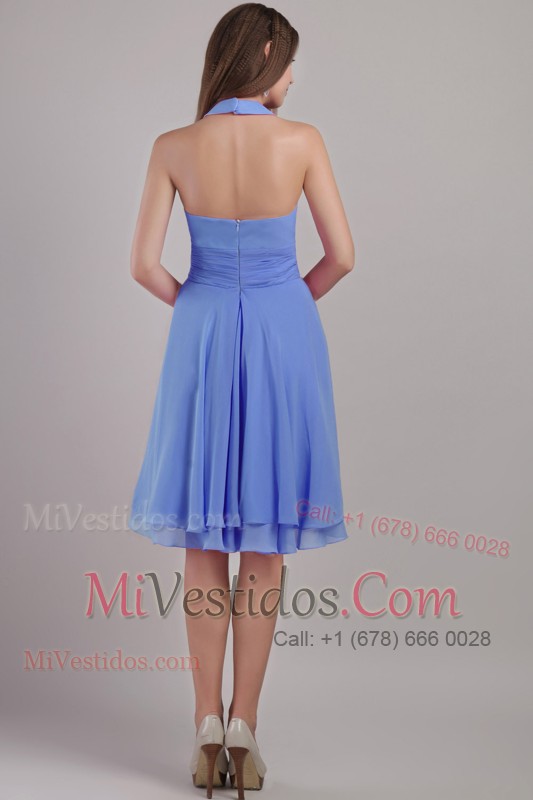 Halter Prom Dress Blue Ruched Knee-length