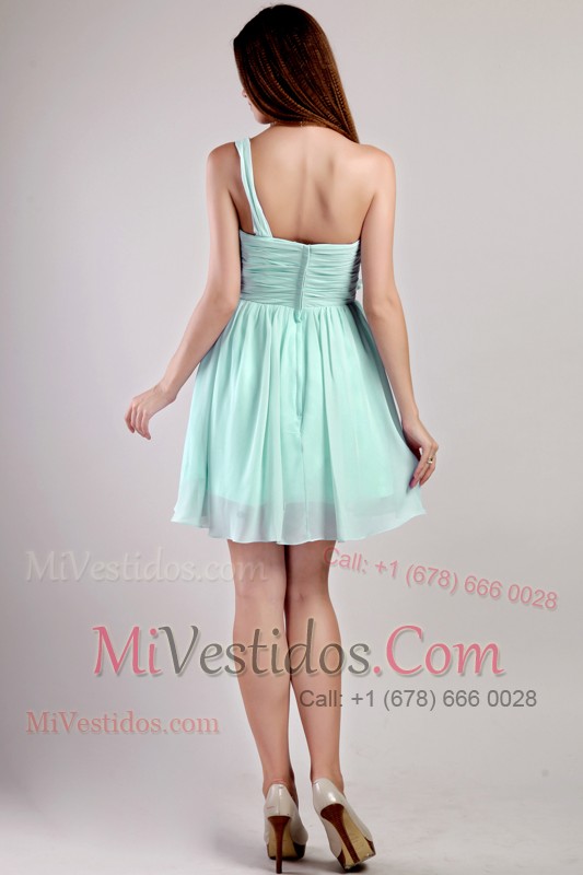Floral One Shoulder Ruched Apple Green Prom Dress