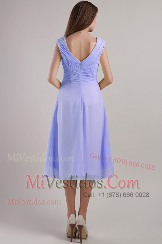 V Neck Ruching Ankle-length Lilac Prom Dress