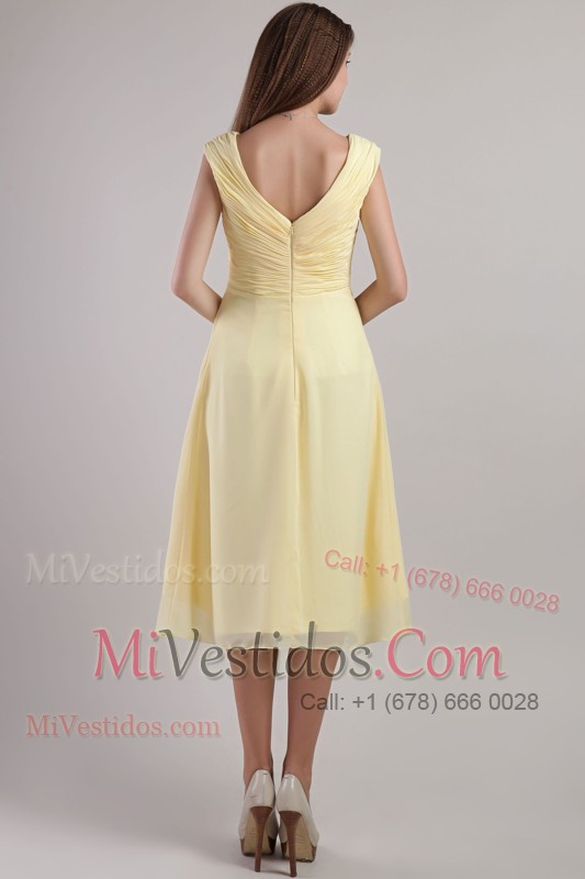 V Neck Ruching Ankle-length Light Yellow Prom Dress