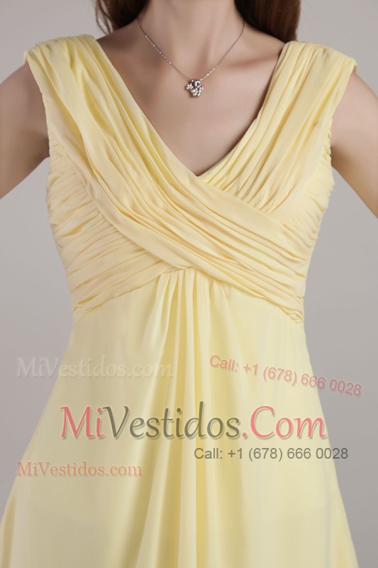 V Neck Ruching Ankle-length Light Yellow Prom Dress