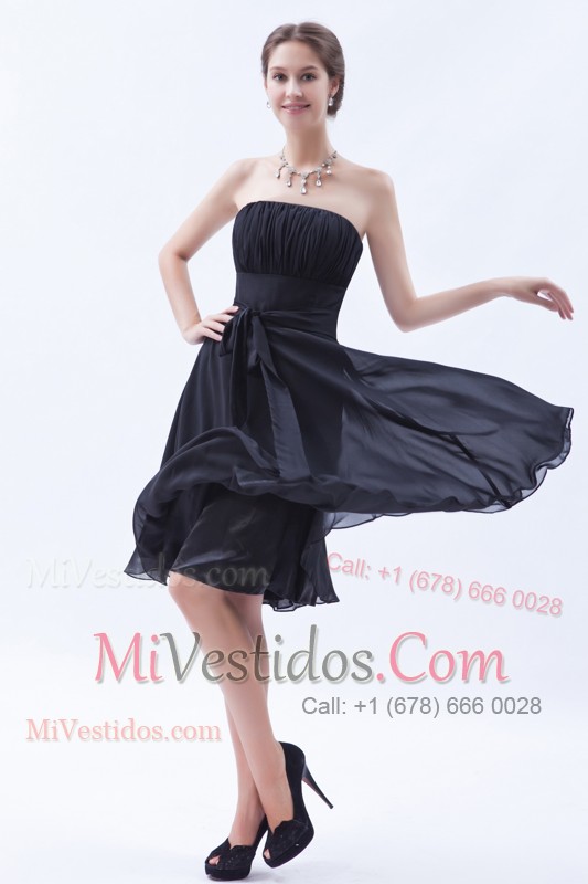 Brown Strapless A-line Knee-length Chiffon Prom Dress With Bowknot