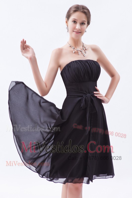 Brown Strapless A-line Knee-length Chiffon Prom Dress With Bowknot