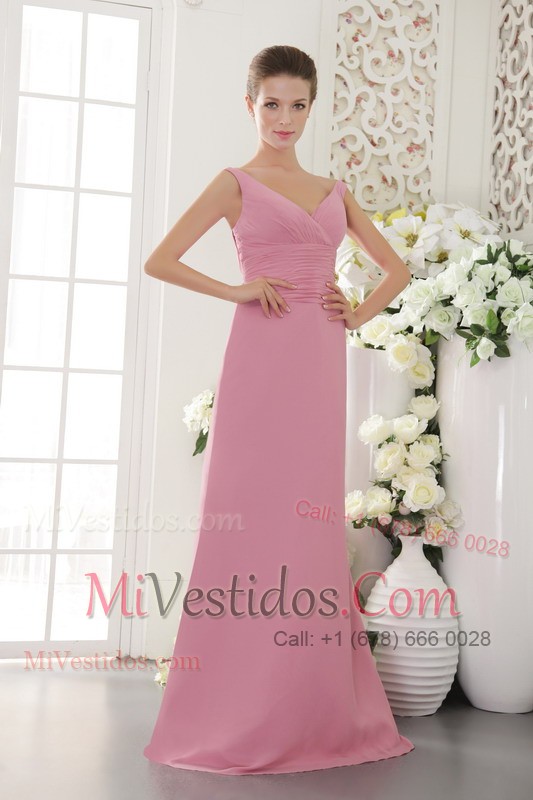 Baby Pink Ruched V-neck Brush Chiffon Prom Dress