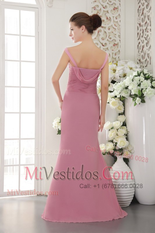 Baby Pink Ruched V-neck Brush Chiffon Prom Dress